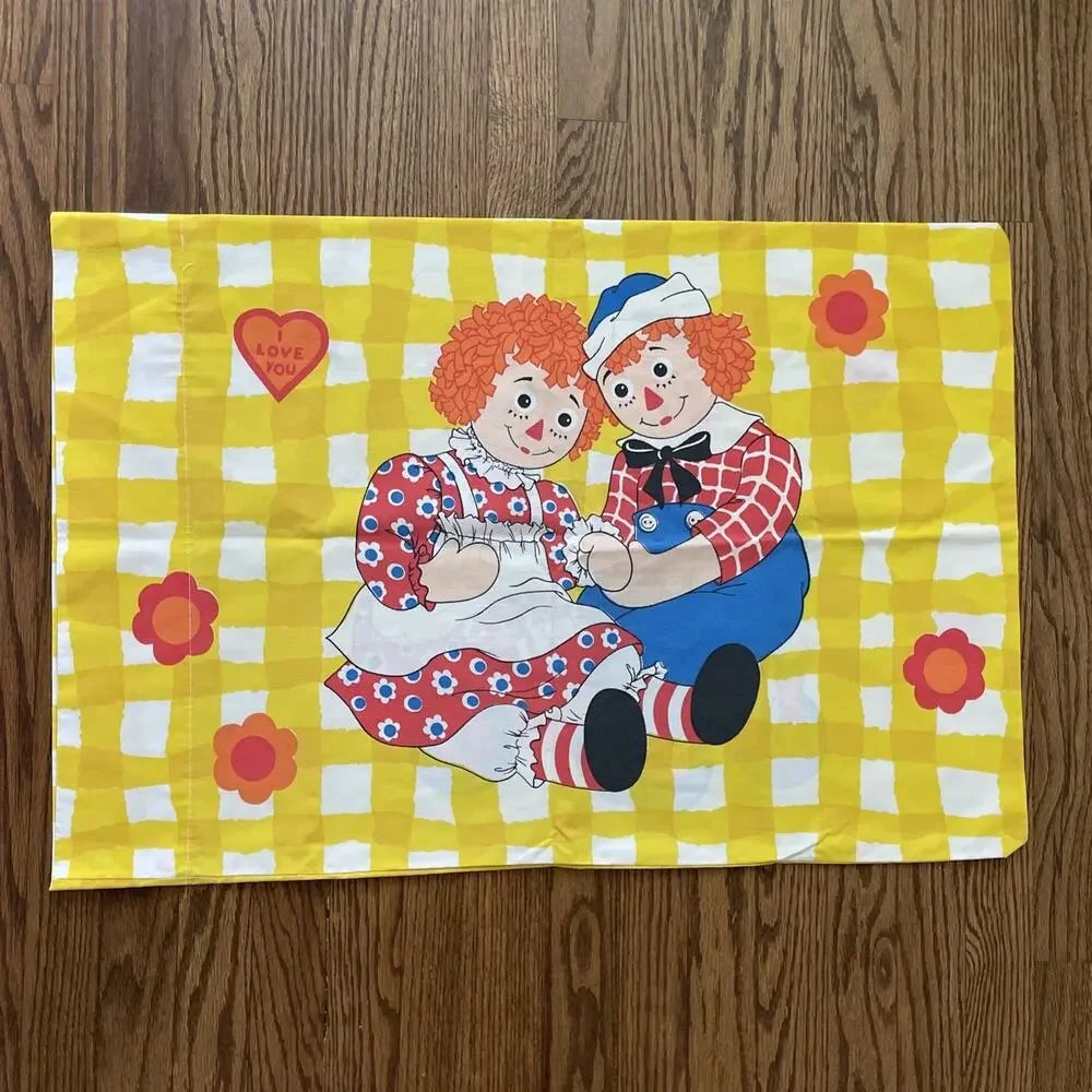 Raggedy Ann & Andy Pillowcase VTG 1970s Yellow 2-Sided Bobbs Merrill Co Bedding